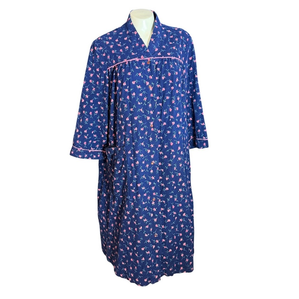 Vintage Komar Navy Pink Floral Cotton Button Front House Coat Robe Medium 86863